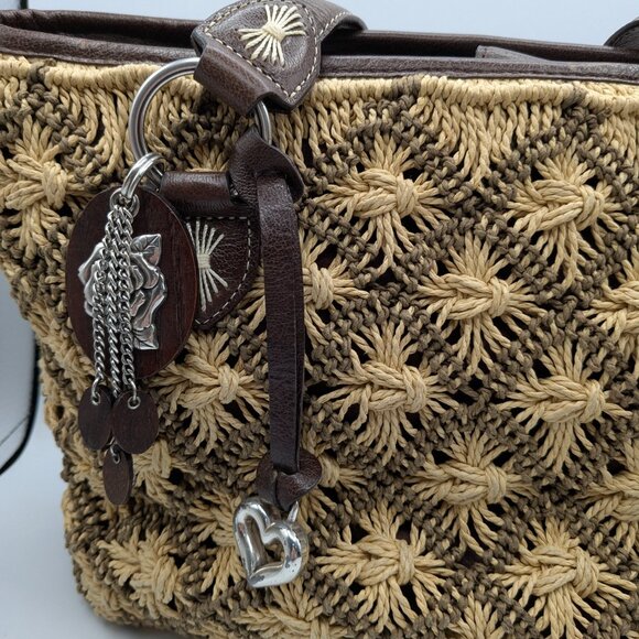 Brighton Women's Straw Shoulder Bag Leather Trim Large, Silver and Wood Hardware - Picture 3 of 16